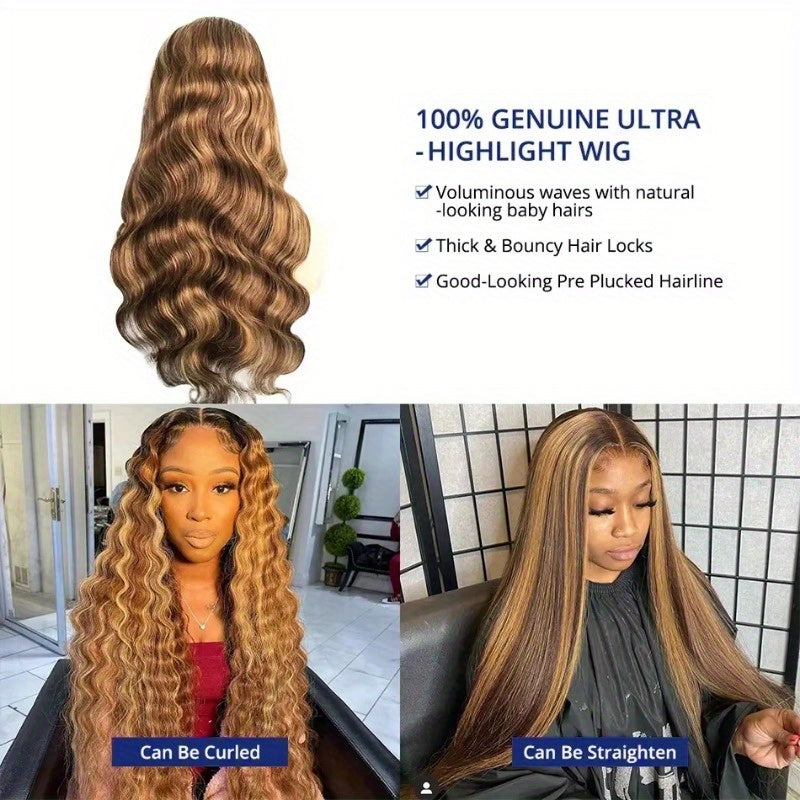 13x4 HD Transparent Lace Front Wig Brazilian Human Hair 4/27 Highlights Body Wave Curls 200% Density Glueless Wig for Women - Suitable for All Ethnicities & Light Beige Tones, Versatile Hairpiece | Elegant Hairpiece | Full Lu